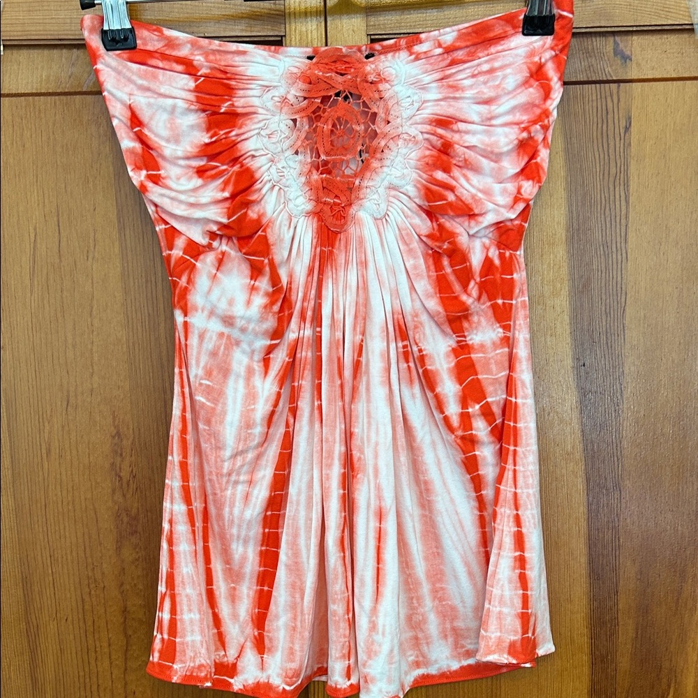 Sky Apollonia Red White Tie‑Dye Top | Small | NWT Strapless Boho Top